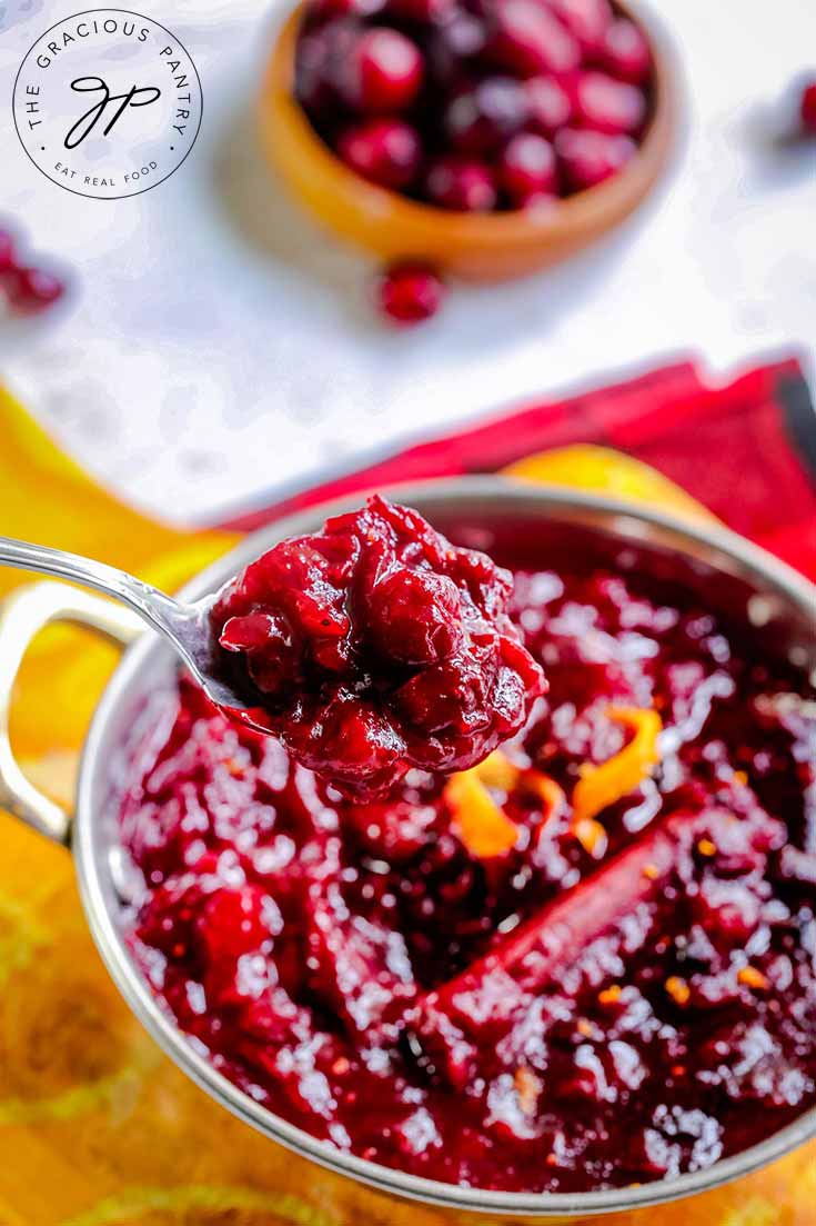 A spoon lifts a helping of this Homemade Cranberry Sauce out of the serving bowl.