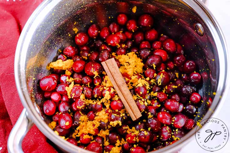 A cinnamon stick in a pot full of fresh cranberries and orange zest.