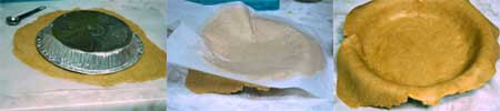 A collage of flipping rolled pie dough into a pie pan.