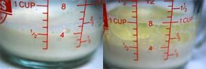 Two photos of a measuring cup partially filled with milk and oil.