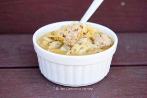 The finished German Cabbage Soup Recipe served in a white bowl.