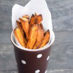 Finished Sweet Potato Fries Recipe, served in a polkadot cup.