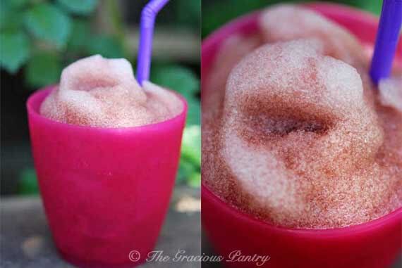 Two views of a Slushie in a pink cup with a purple straw.