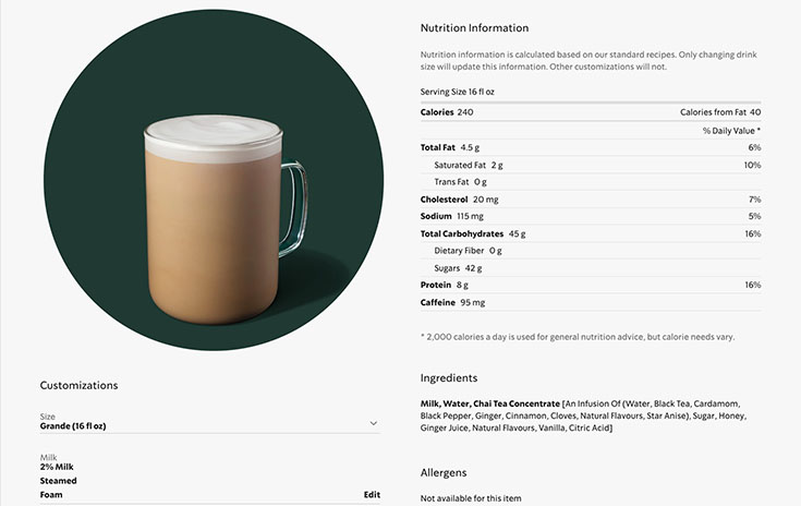 Starbucks Chai Latte Nutrition Data