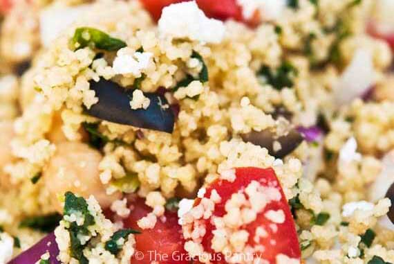 A closeup of Greek couscous salad.