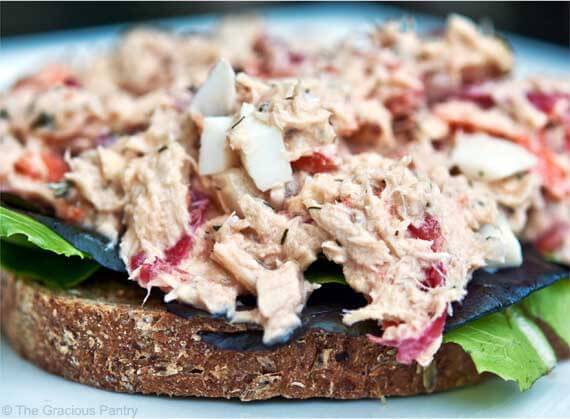 healthy tuna salad open-faced sandwich on wheat bread