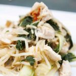 A healthy helping of this Chicken Bok Choy Recipe makes a great meal for chicken night! Here you can see all the bok choy mixed with the chunks of chicken and strands of bean sprouts.