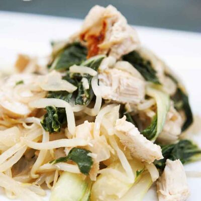 A healthy helping of this Chicken Bok Choy Recipe makes a great meal for chicken night! Here you can see all the bok choy mixed with the chunks of chicken and strands of bean sprouts.