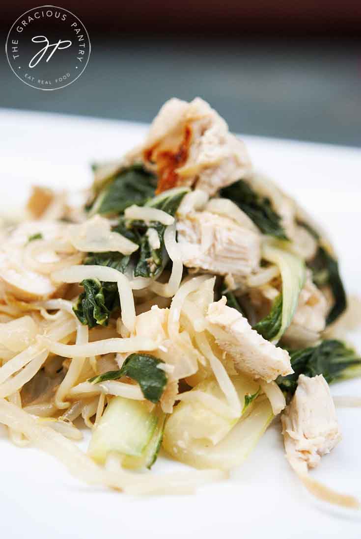 A healthy helping of this Chicken Bok Choy Recipe makes a great meal for chicken night! Here you can see all the bok choy mixed with the chunks of chicken and strands of bean sprouts.