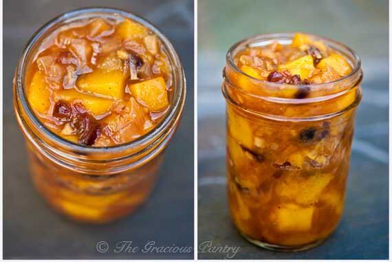 This image shows the same jar of clean eating mango chutney from two different angles, displayed side by side. You can see chunks of mango through the small, glass canning jar as well as a few of the cranberries. Clean Eating Mango Chutney