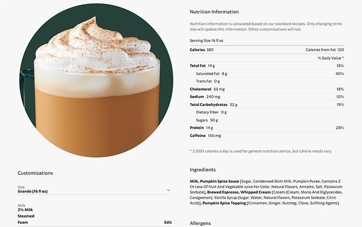 Nutrition data of a Starbucks latte.