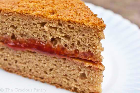 An up close shot of a slice of whole wheat cake on a white plate.