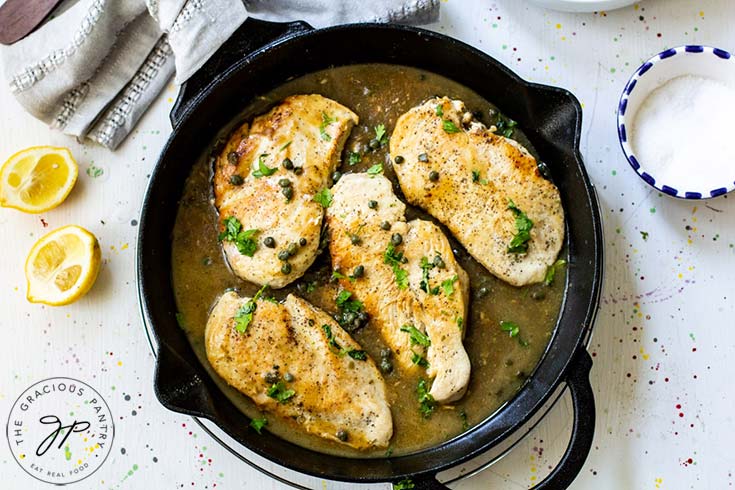 The finished lemon caper chicken, ready to serve over pasta, rice, or just by itself!