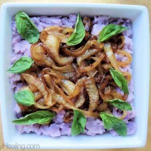 Clean Eating Purple Smashed Potatoes with Caramelized Onions and Basil