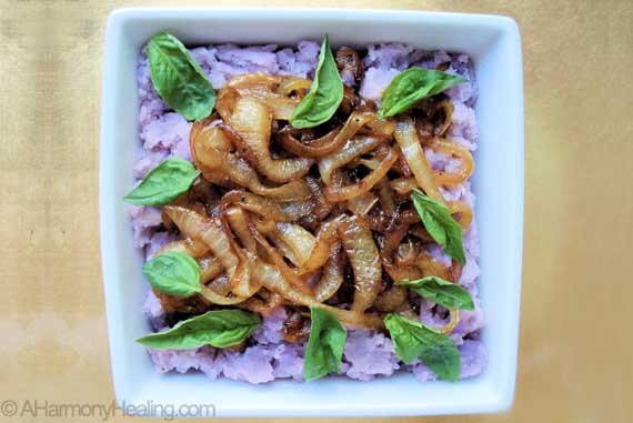 Purple Smashed Potatoes with Caramelized Onions and Basil Recipe