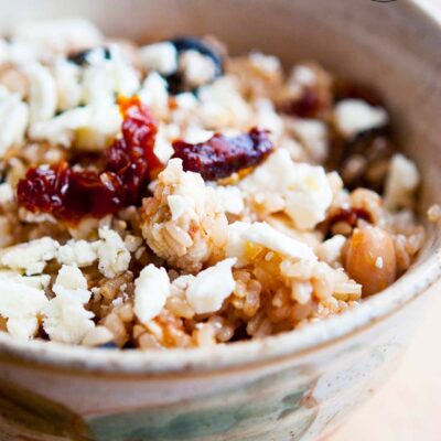 A single Greek Rice Bowl sits ready to eat.