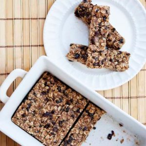 No Bake Granola Bars in a baking dish and on a plate.