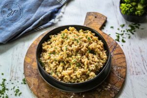 The finished rice pilaf sits served at the dinner table.