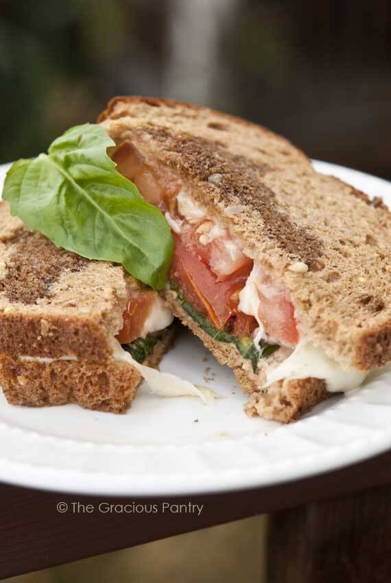 A Grownup Grilled Cheese Sandwich sits on a white, round plate and is sliced in half. The two halves overlap and you can see the melted cheese oozing out.