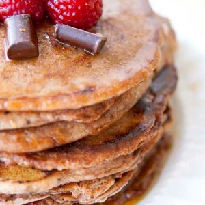 Clean Eating Raspberry & Dark Chocolate Chip Pancakes Recipe
