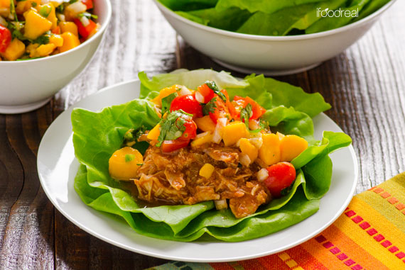 Slow Cooker Mexican Chicken Lettuce Cups with Mango Salsa