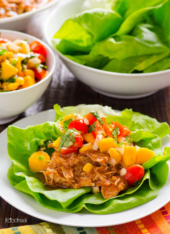 Clean Eating Slow Cooker Mexican Chicken Lettuce Cups with Mango Salsa