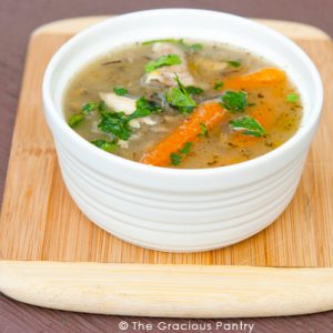 Leftover Rotisserie Chicken Soup in a white bowl.