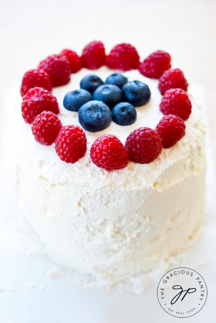 A side view of this un-cut, Clean Eating Watermelon Cake Recipe.