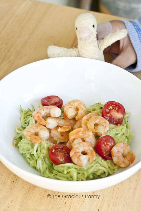 shrimp zucchini pasta with avocado alfredo sauce