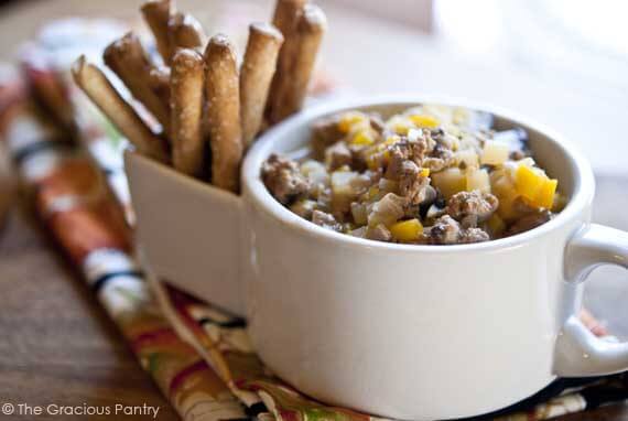 A crock filled with Autumn Harvest Turkey Chili.