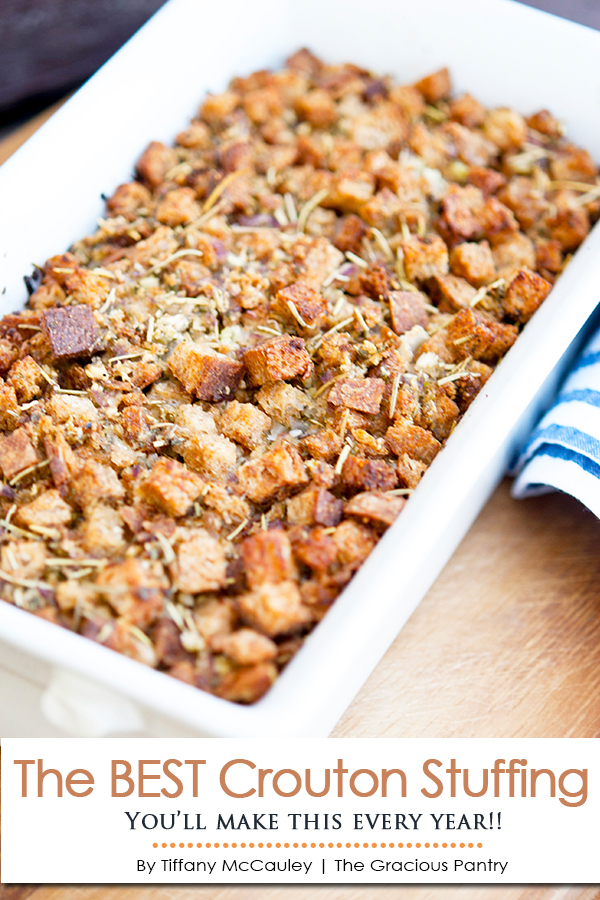 A white dish filled with this golden brown, Homemade Stuffing Recipe