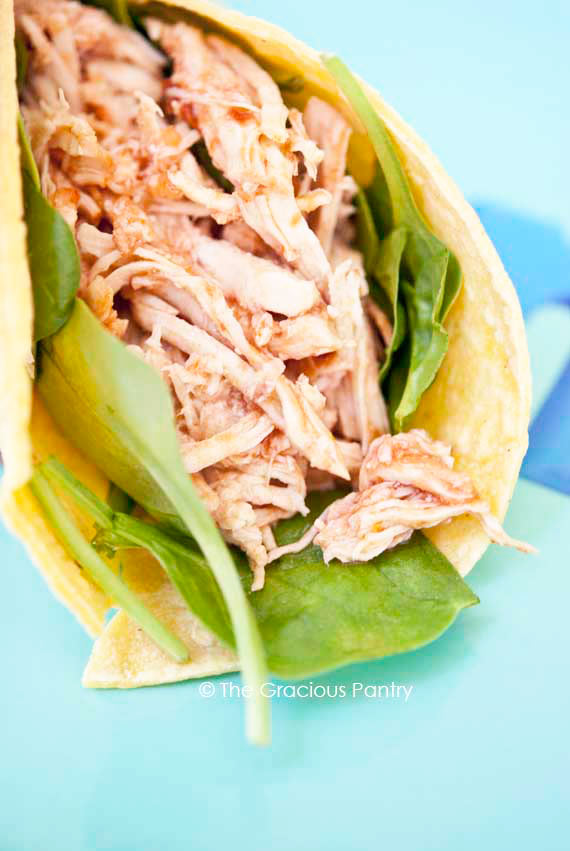 Clean Eating 2 Ingredient Slow Cooker Taco Chicken recipe shown up close inside a corn taco shell with raw spinach leaves between the shell and the chicken.