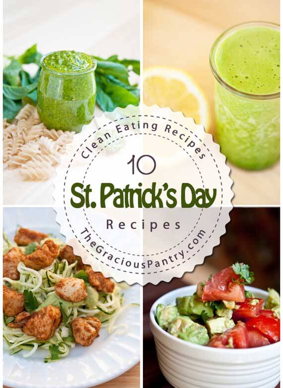 This lead image shows four of ten Clean Eating Green Meals For St. Patrick's Day. Not all are Irish, but they sure are green! Shown are a green smoothie, a jar of pesto, and avocado salad and a zucchini noodle dish.