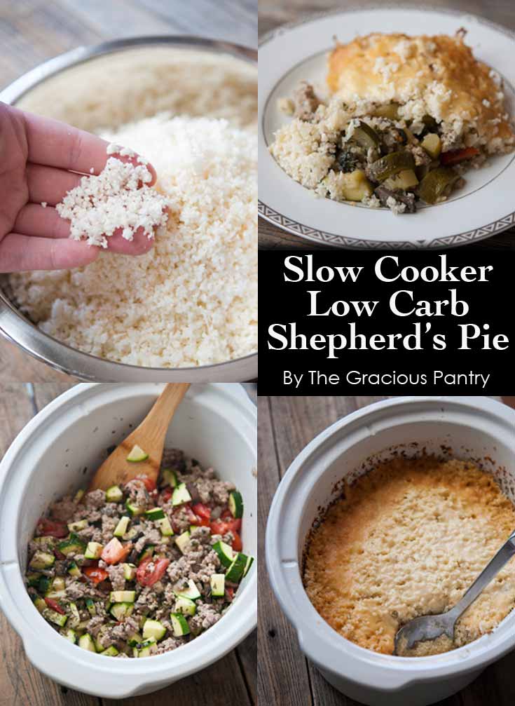 A single image showing four different steps for making this Clean Eating Slow Cooker Lower Carb Shepherd's Pie.