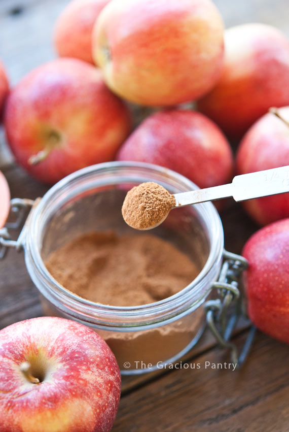 Apple Pie Spice in a spice jar with a measuring spoon holding some of the mix.