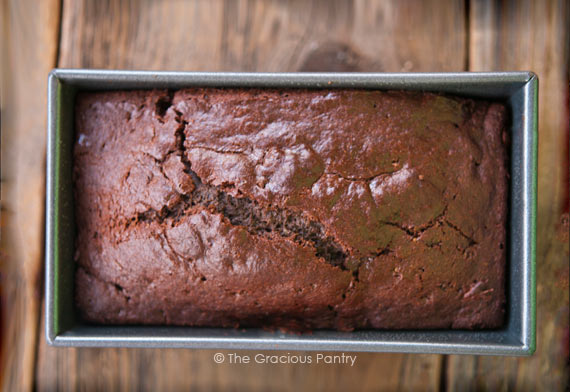 A Peppermint Chocolate Loaf in a loaf pan.