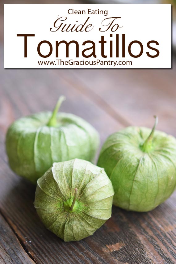 Your Guide To Tomatillos. This image shows three tomatillos grouped together with their skins still in tact. The lettering over the image makes it look more like a book cover.