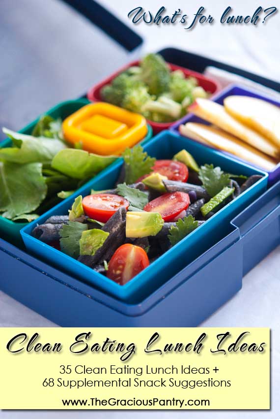 Graphic ad for the Clean Eating Lunch Ideas download. Shows a lunchbox filled with vegetables and sliced apples.