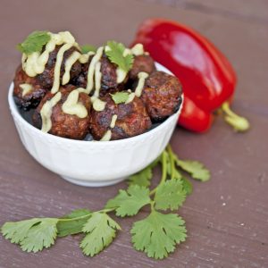 Clean Eating Barbecued Southwest Meatballs with Garlic & Lime Avocado Sauce Recipe