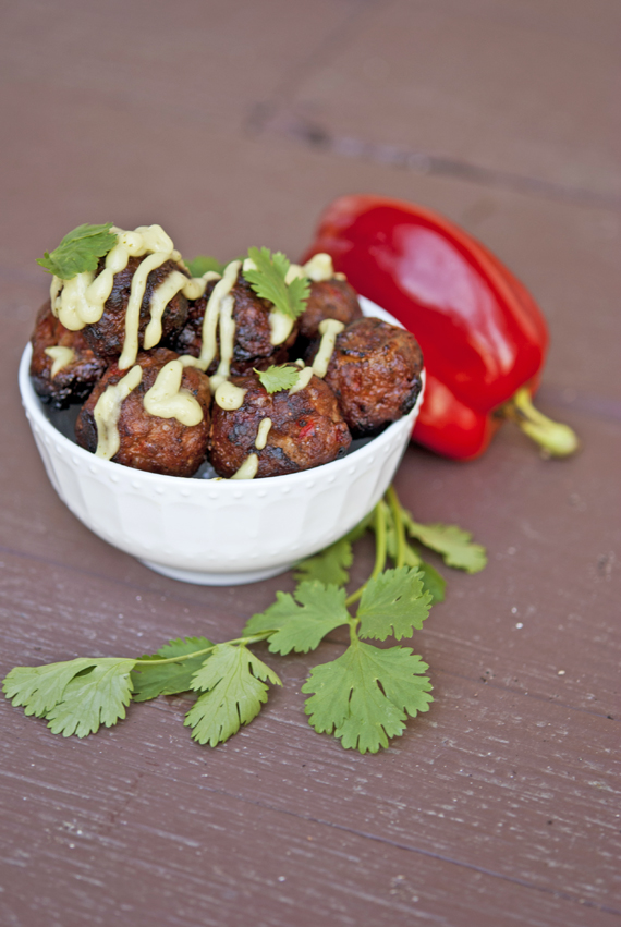 Barbecued Southwest Meatballs with Garlic & Lime Avocado Sauce Recipe