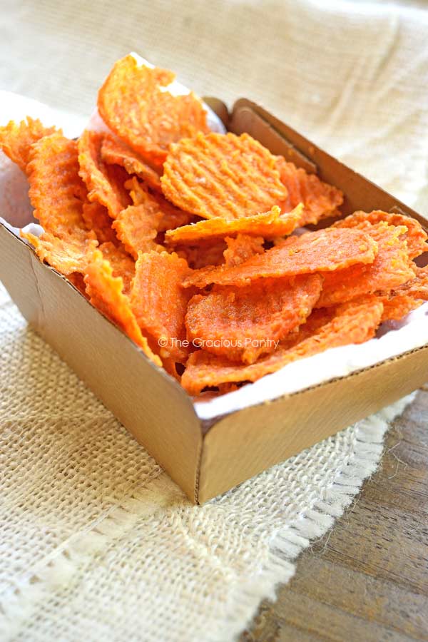 homemade baked sweet potato chips in cardboard serving tray