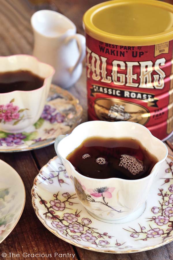 A close up of a teacup filled with this Oma's Holiday Spiced Coffee.