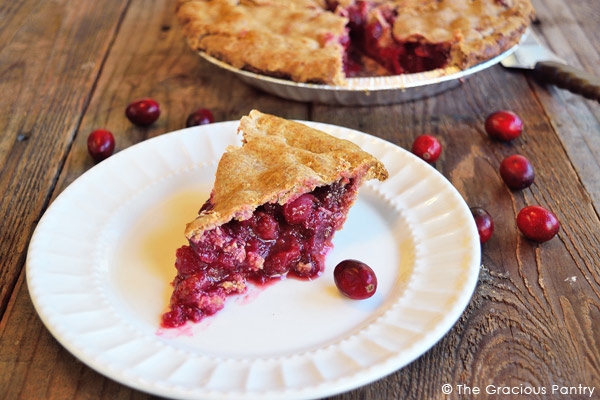 plated slice of cranberry pie made without refined sugar