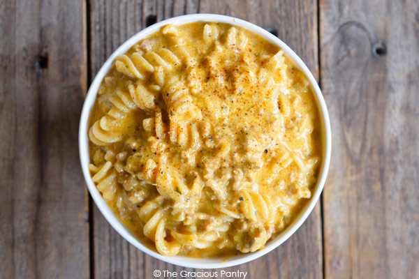 overhead photo of rotini pasta with ground beef and homemade cheese sauce