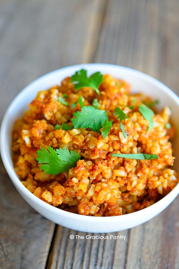 Spanish Cauli-Rice in a small white bowl.