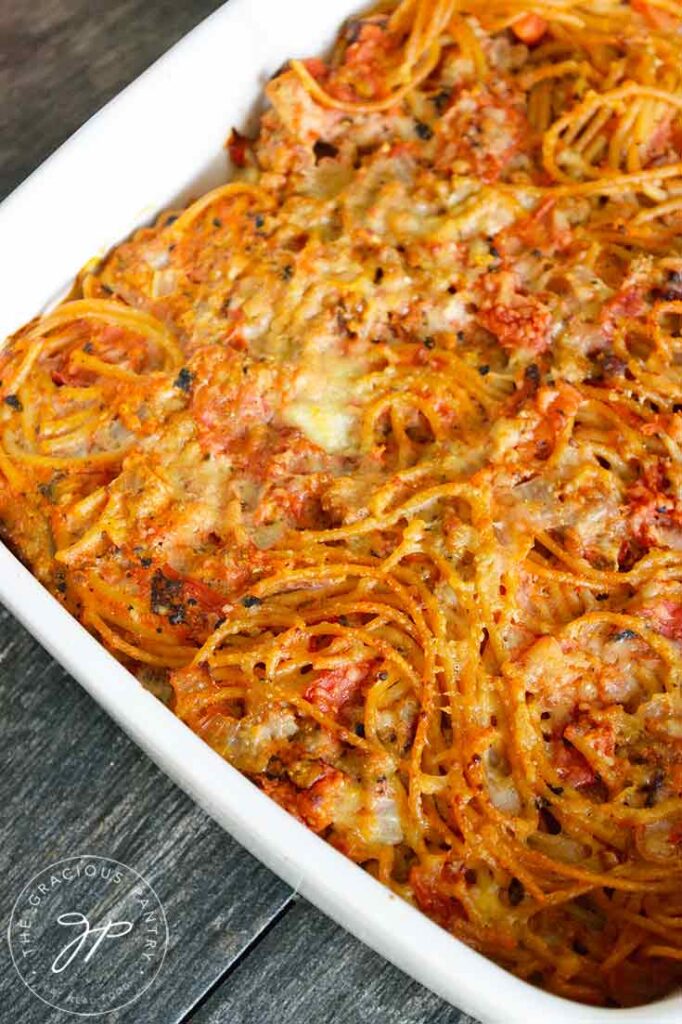 A casserole dish of just-baked spaghetti pie still in it's casserole dish.
