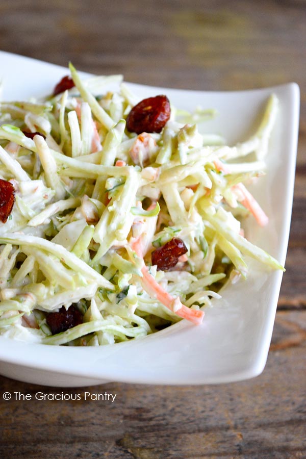 Clean Eating Broccoli Slaw shown up close in a white bowl. You can see the cranberries and strips of slaw.