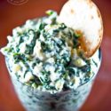 overhead photo - spinach dip recipe made with real food ingredients in glass dish