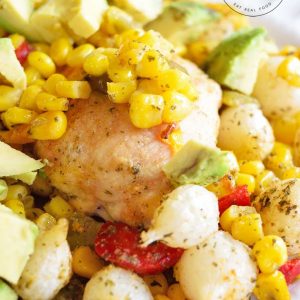 A plate of food, with this sheet pan Mexican chicken dinner on it.