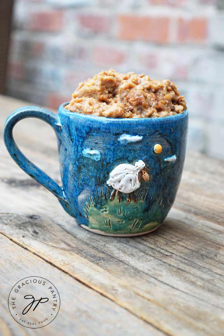 Clean eating Irish goody recipe photographed up close showing the Irish goody coming up over the top of the blue mug.